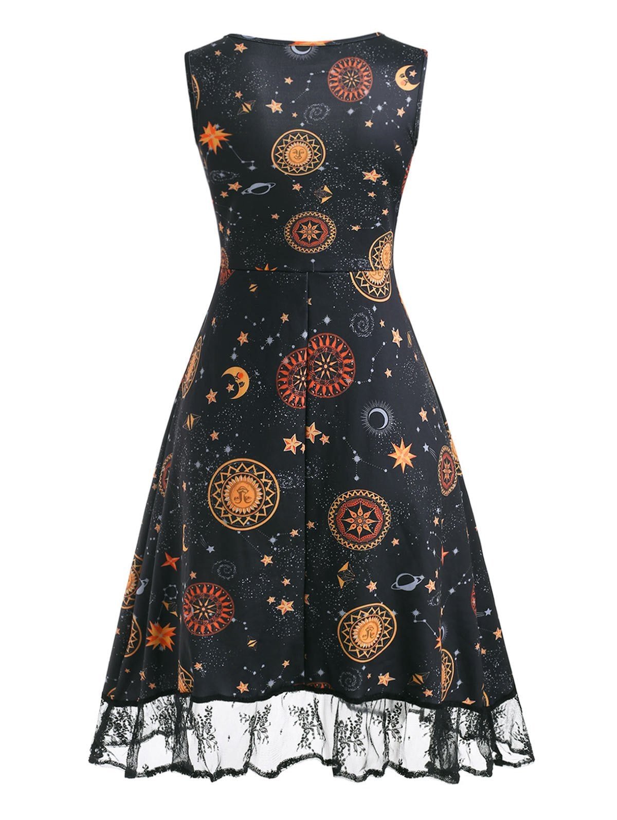 Sun Moon Star Print Lace Insert Lace-up Dress