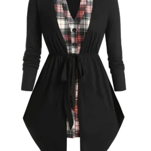 Plus Size 2 In 1 Plaid Notch Collar Top