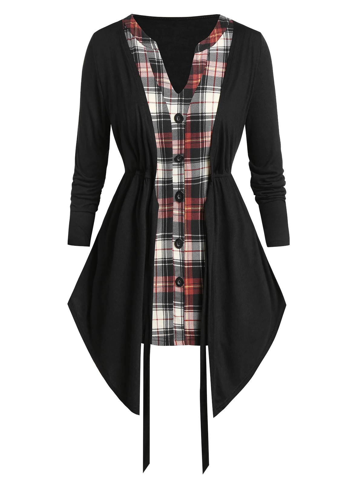 Plus Size 2 In 1 Plaid Notch Collar Top