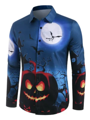 Halloween Night Pumpkin Bat Print Button Up Shirt