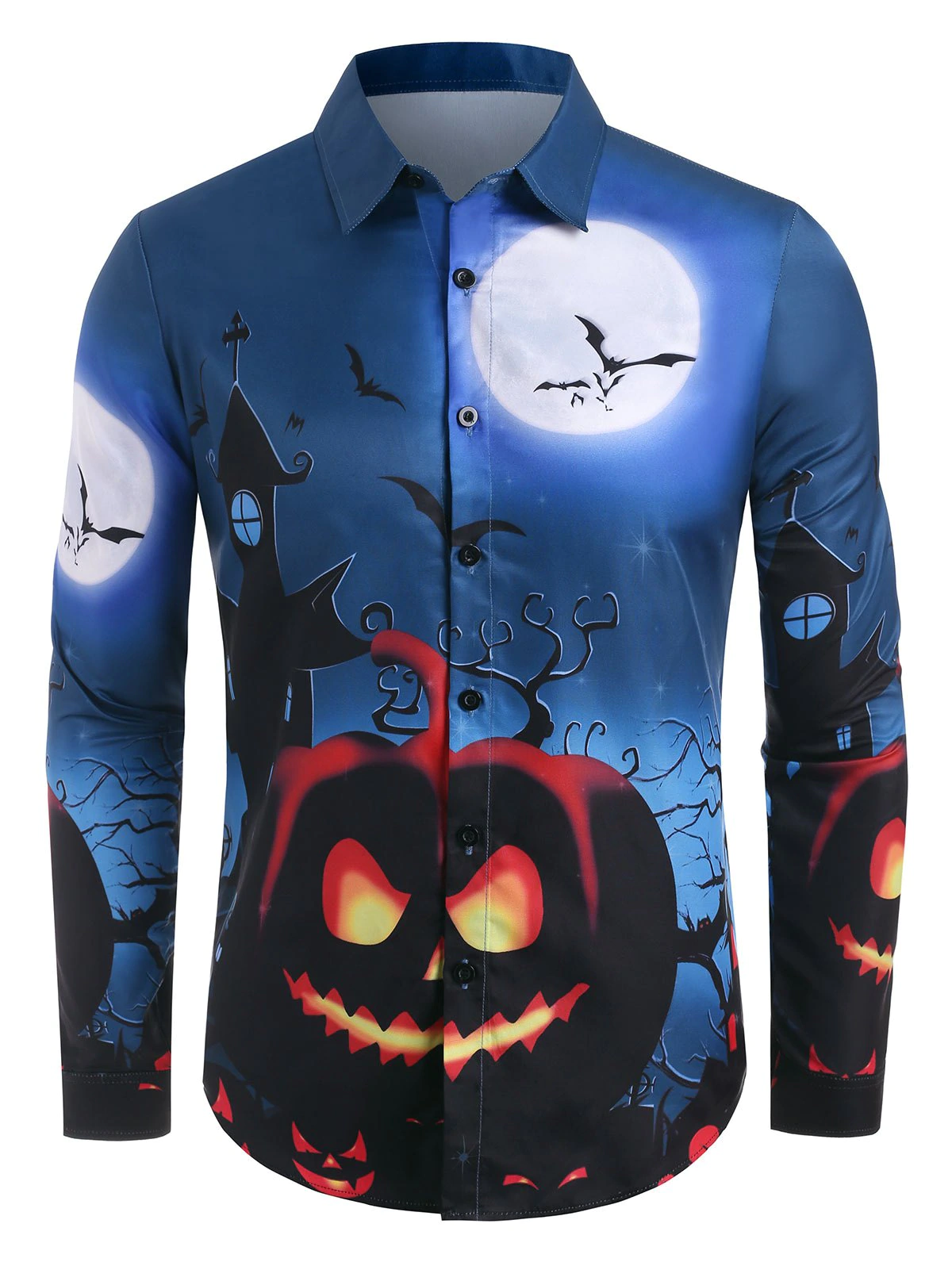 Halloween Night Pumpkin Bat Print Button Up Shirt