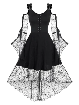 Lace-up Spider Web Lace High Low Gothic Dress