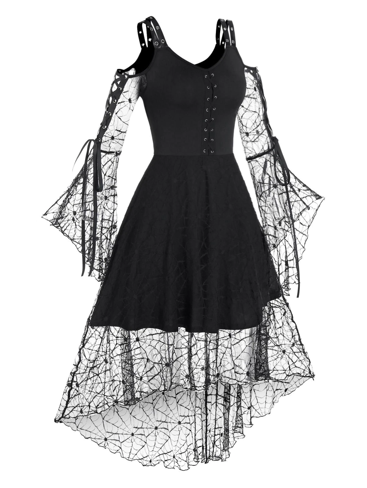Lace-up Spider Web Lace High Low Gothic Dress