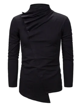 Pleated Button High Neck Asymmetrical Gothic T Shirt