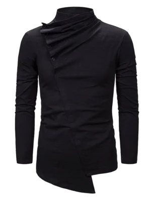 Pleated Button High Neck Asymmetrical Gothic T Shirt