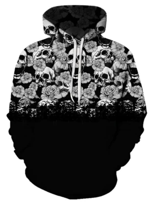 Digital Floral Skull Print Front Pocket Drawstring Hoodie