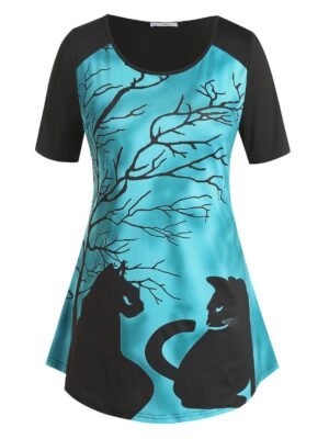 Plus Size Cat Branch Print Short Sleeve Tee