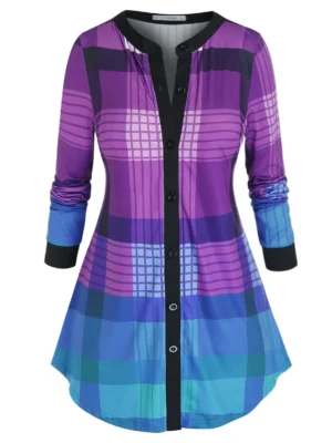 Plus Size Plaid V Notch Long Sleeve Tunic Top