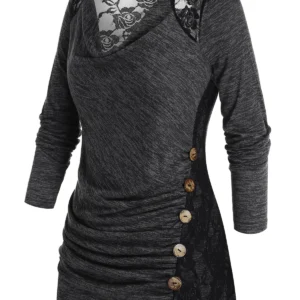 Plus Size Space Dye Lace Insert Sheer Long Sleeve Tee