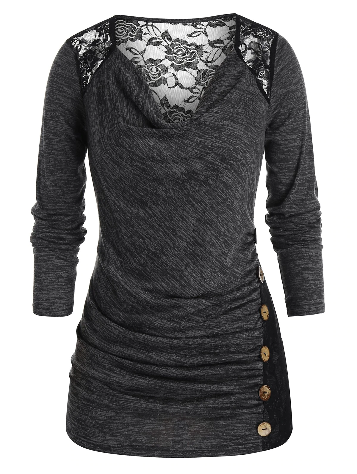 Plus Size Space Dye Lace Insert Sheer Long Sleeve Tee