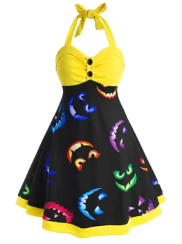 Halter Button Front Printed Halloween Plus Size Dress