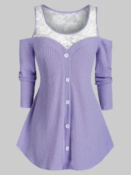 Plus Size Lace Insert Sheer Open Shoulder Sweater