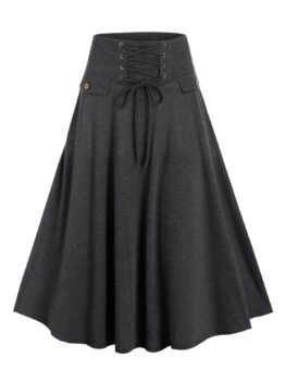 Lace-up Front Heathered Midi Skirt