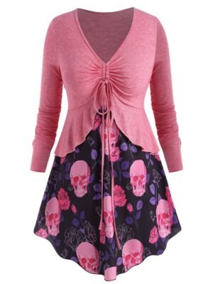 Plus Size Cinched Flounce Skull Floral Print Tee