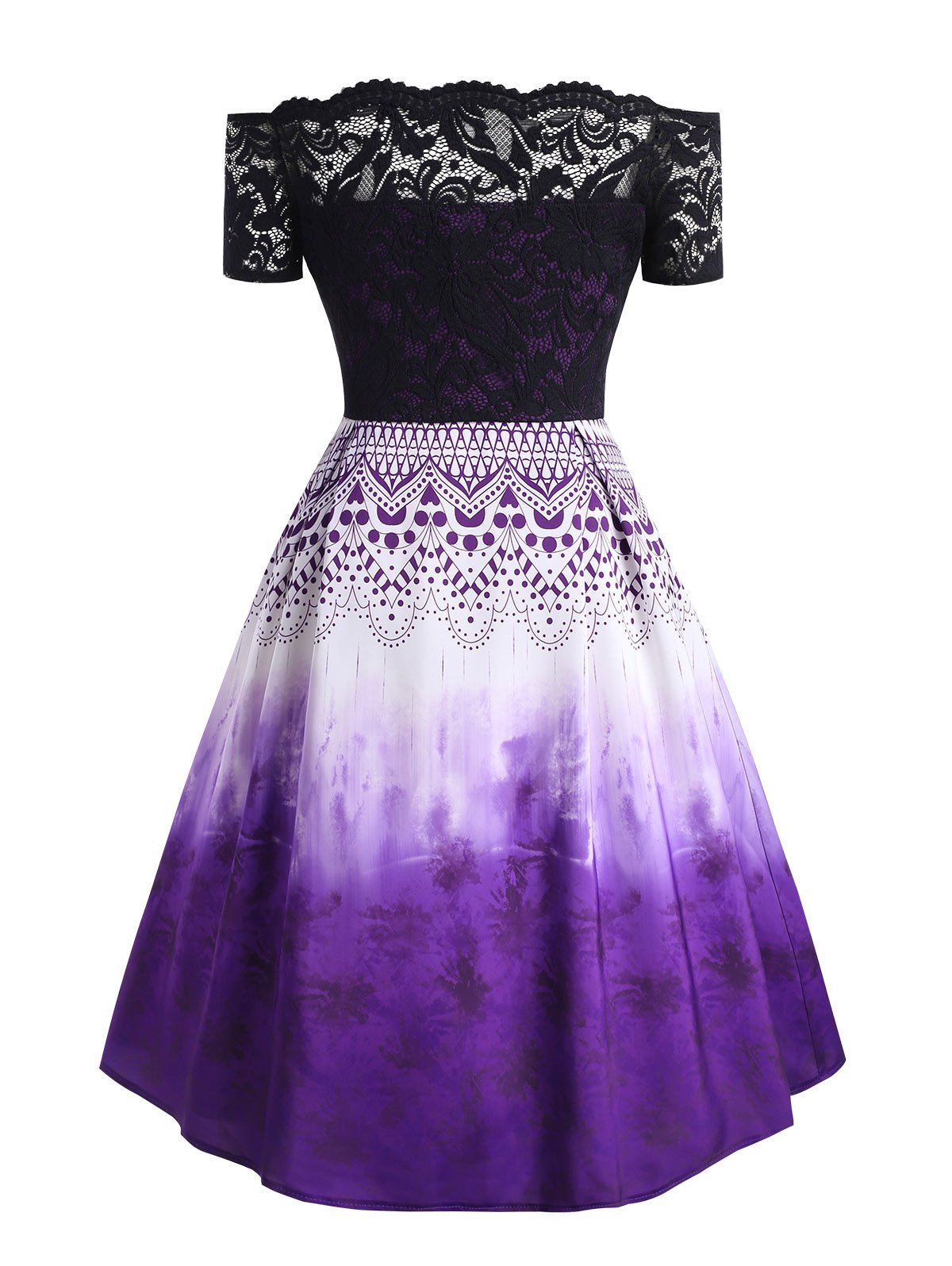 Off The Shoulder Lace Panel Printed Plus Size Vintage Dress