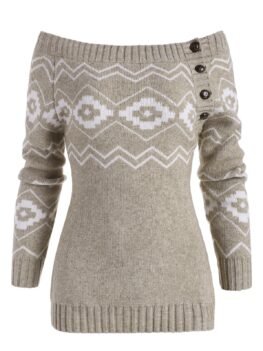 Off Shoulder Button Side Zig Zag Geometric Sweater