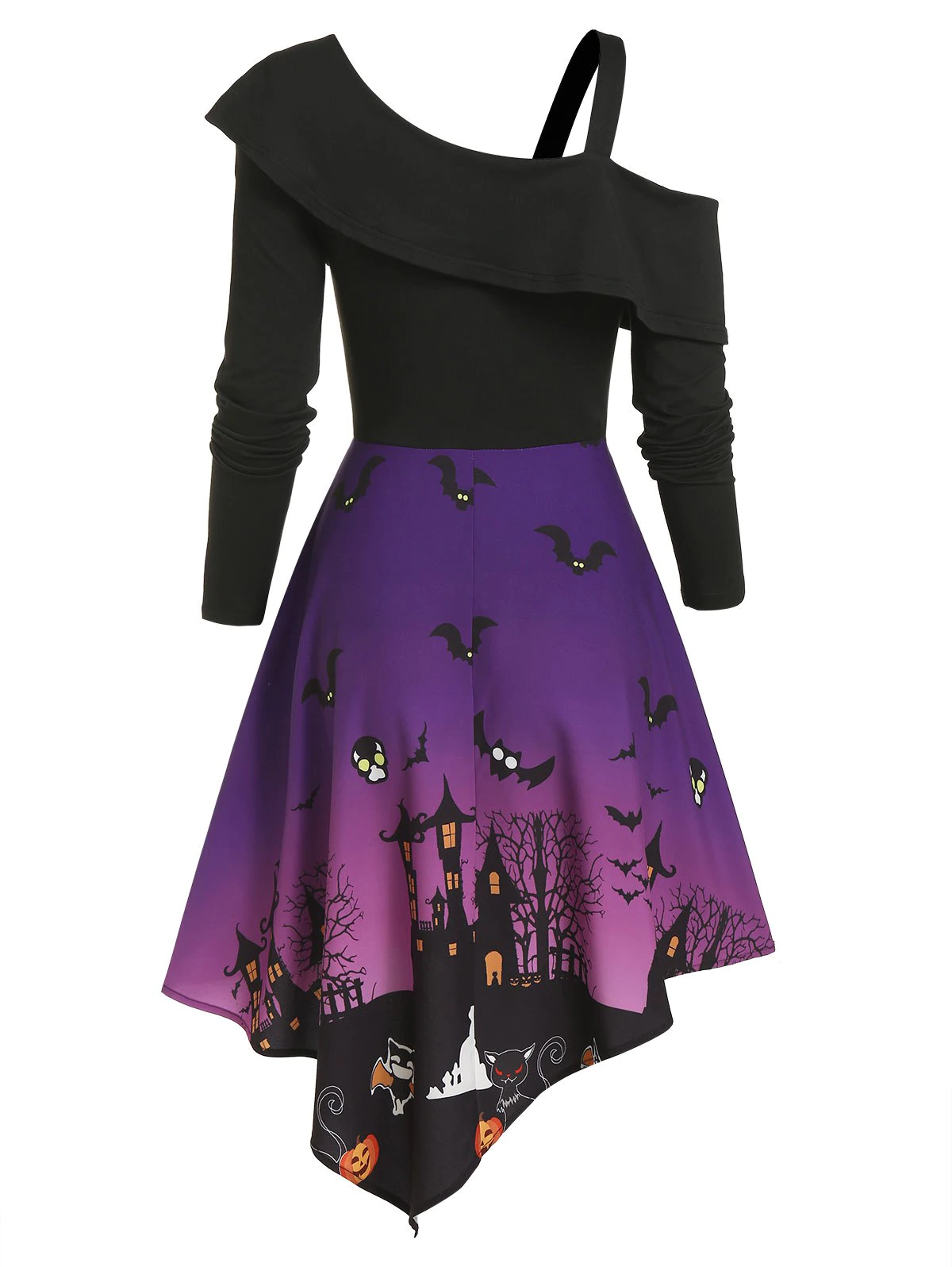 Halloween Night Bat Pattern High Waist Asymmetrical Dress