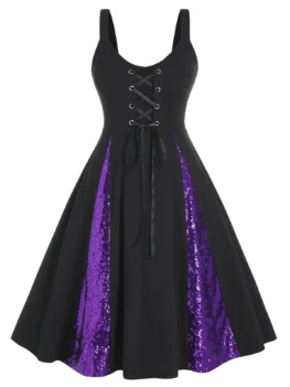 Plus Size Sequined Bicolor Lace-up Casual Dress