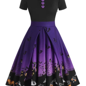 Halloween Buttons Bat Pumpkin Castle Print Dress