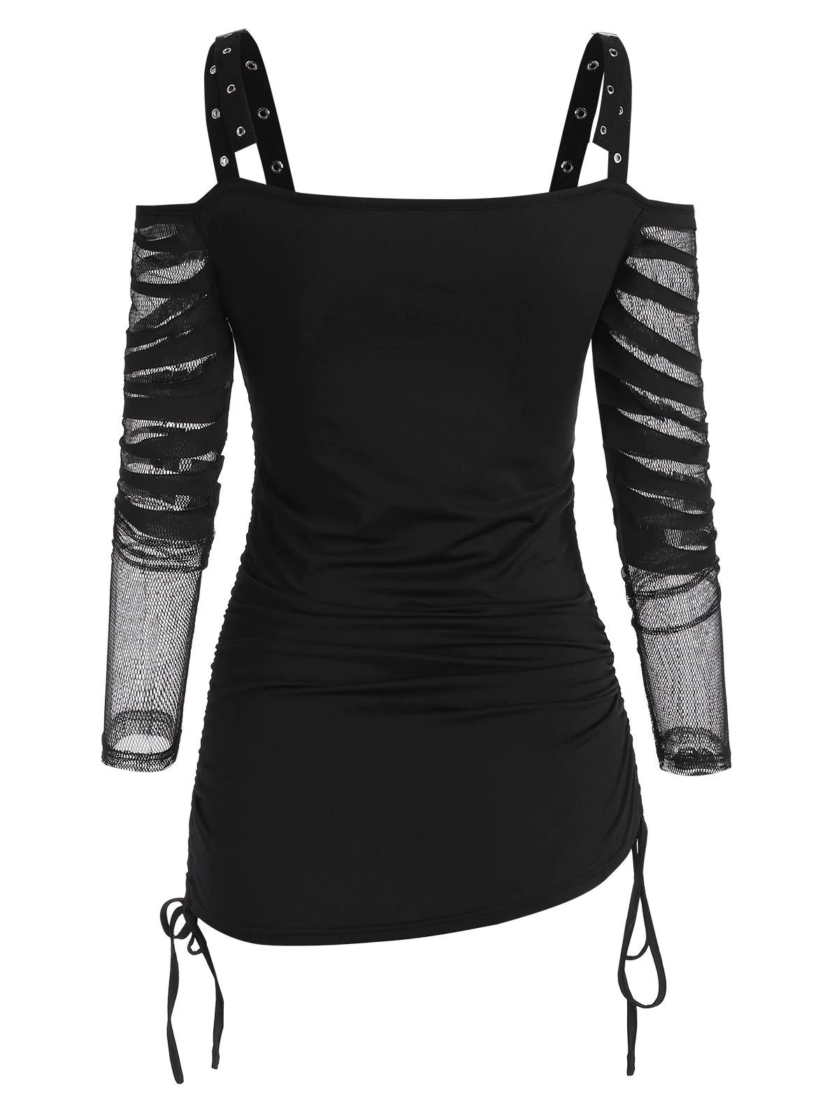 Halloween Buckled Skull Floral Cinched Mesh Sleeve Cold Shoulder