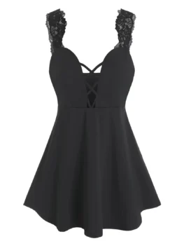 Plus Size Lace Insert Crisscross Plunge Babydoll Set