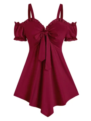 Cold Shoulder Knotted Pointed Hem Blouse