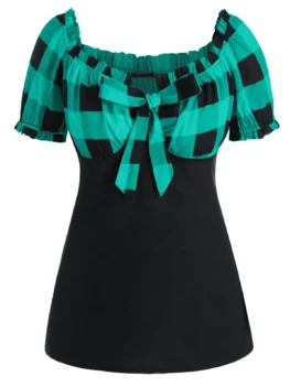 Plus Size Bow Tie Ruffle Checked T Shirt