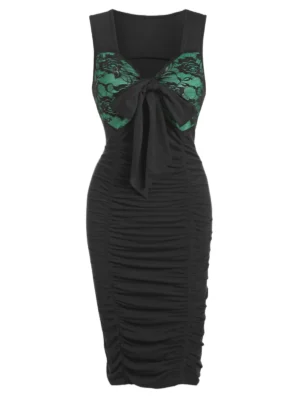 Lace Panel Bowknot Ruched Sleeveless Bodycon Dress
