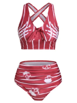 Skull Striped Print Cut Out Padded Tankini Set