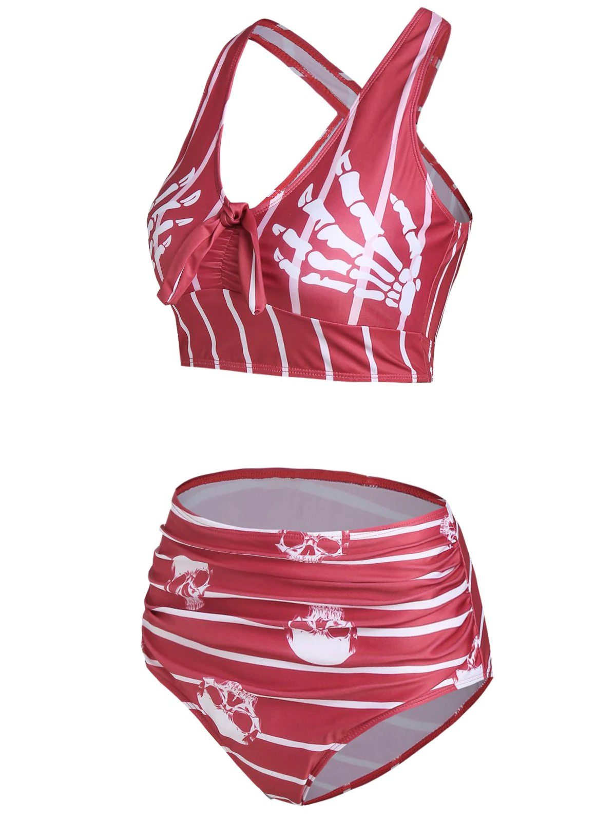 Skull Striped Print Cut Out Padded Tankini Set