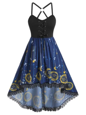 Plus Size Moon Stars Print High Low Dress