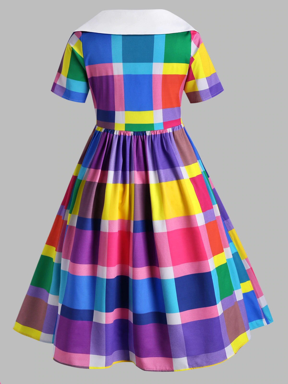 Bowknot Collar Colorful Plaid Plus Size Vintage Dress