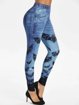 Bat Print Elastic Waist Skinny Faux Jean Leggings