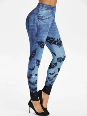 Bat Print Elastic Waist Skinny Faux Jean Leggings