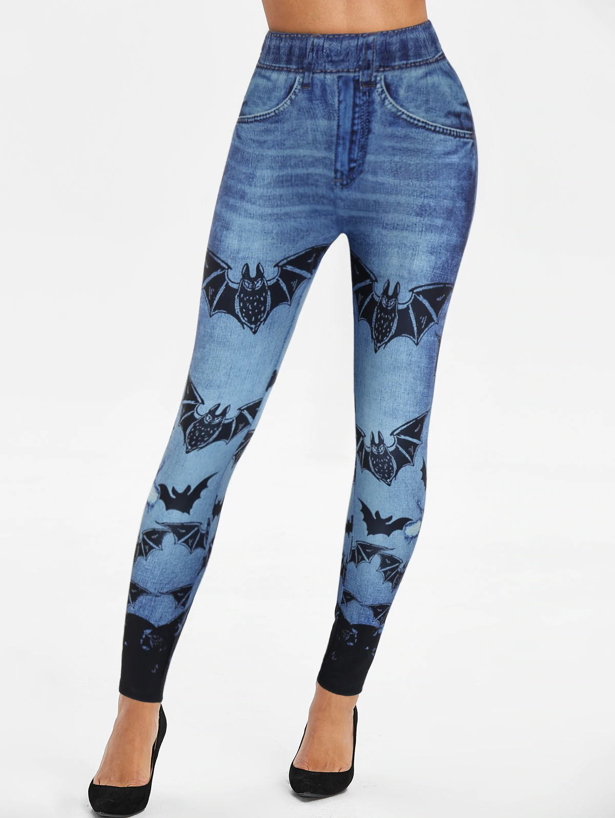 Bat Print Elastic Waist Skinny Faux Jean Leggings