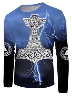 Crew Neck Lightning Wolf Pattern Long Sleeve Casual Tee