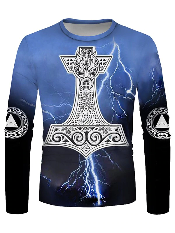 Crew Neck Lightning Wolf Pattern Long Sleeve Casual Tee