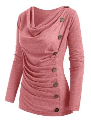 Heather Mock Button Cowl Neck T-shirt