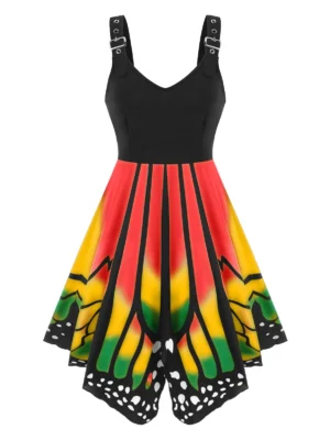 Buckled Lace-up Butterfly Print Dress