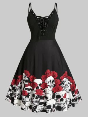 Plus Size Halloween Vintage Bat Print Lace Up Dress