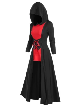 Gothic Bicolor Hooded Lace Up Cloak Dress