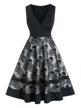 Plus Size Skull Pattern Lace V Collar Dress