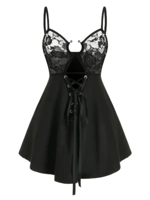 Plus Size Lace Insert Cutout Lace Up Babydoll Set