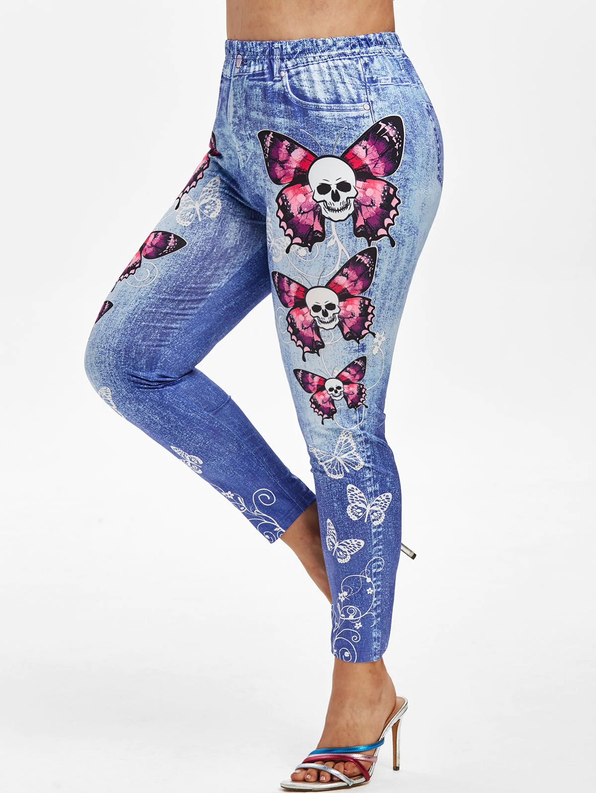 Plus Size Skull Butterfly Print Halloween Jeggings