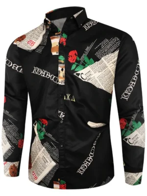 Newspaper Flower Letter Print Casual Shirt