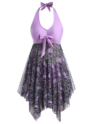 Plus Size Halloween Floral Skull Mesh Tankini Swimwear