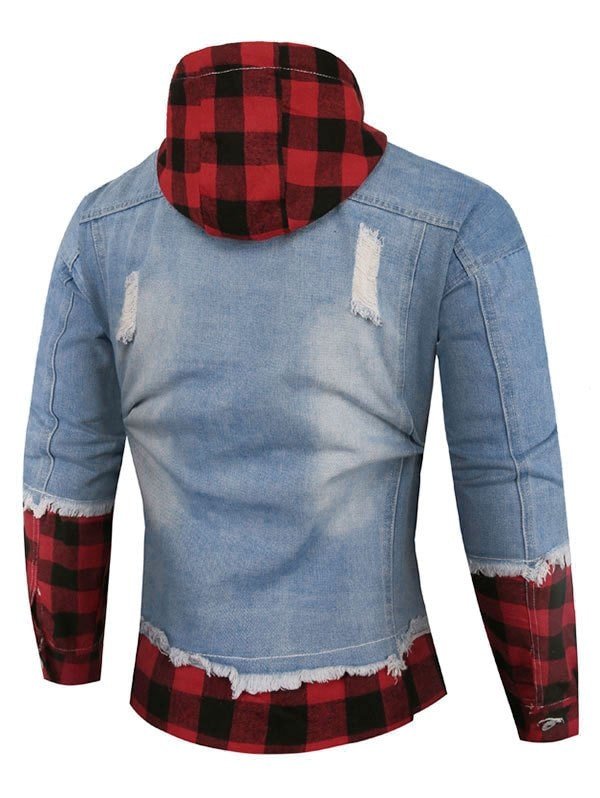 Plaid Ripped Doctor Sleeve Hooded Jean Jacket