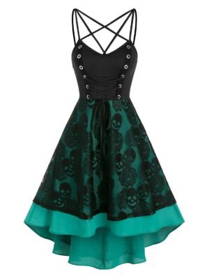 Lace Up Skull Pattern Layered Lace High Low Dress