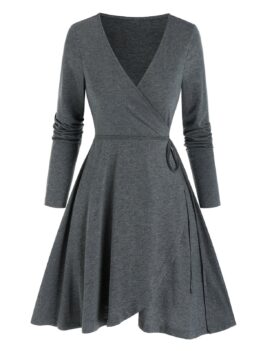 Long Sleeve Heathered Mini Wrap Dress