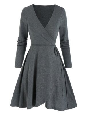 Long Sleeve Heathered Mini Wrap Dress